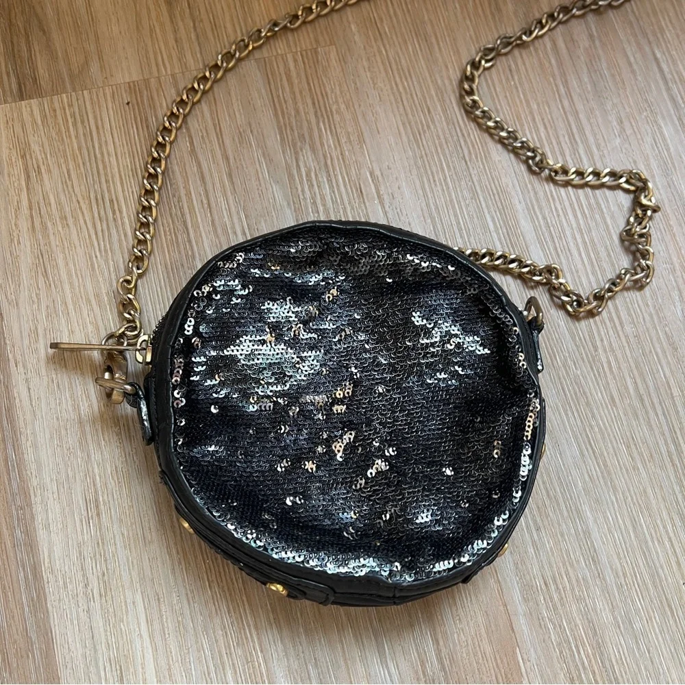 Maxx New York Sequin Round Crossbody Bag Black Silver Leather Trim evening purse